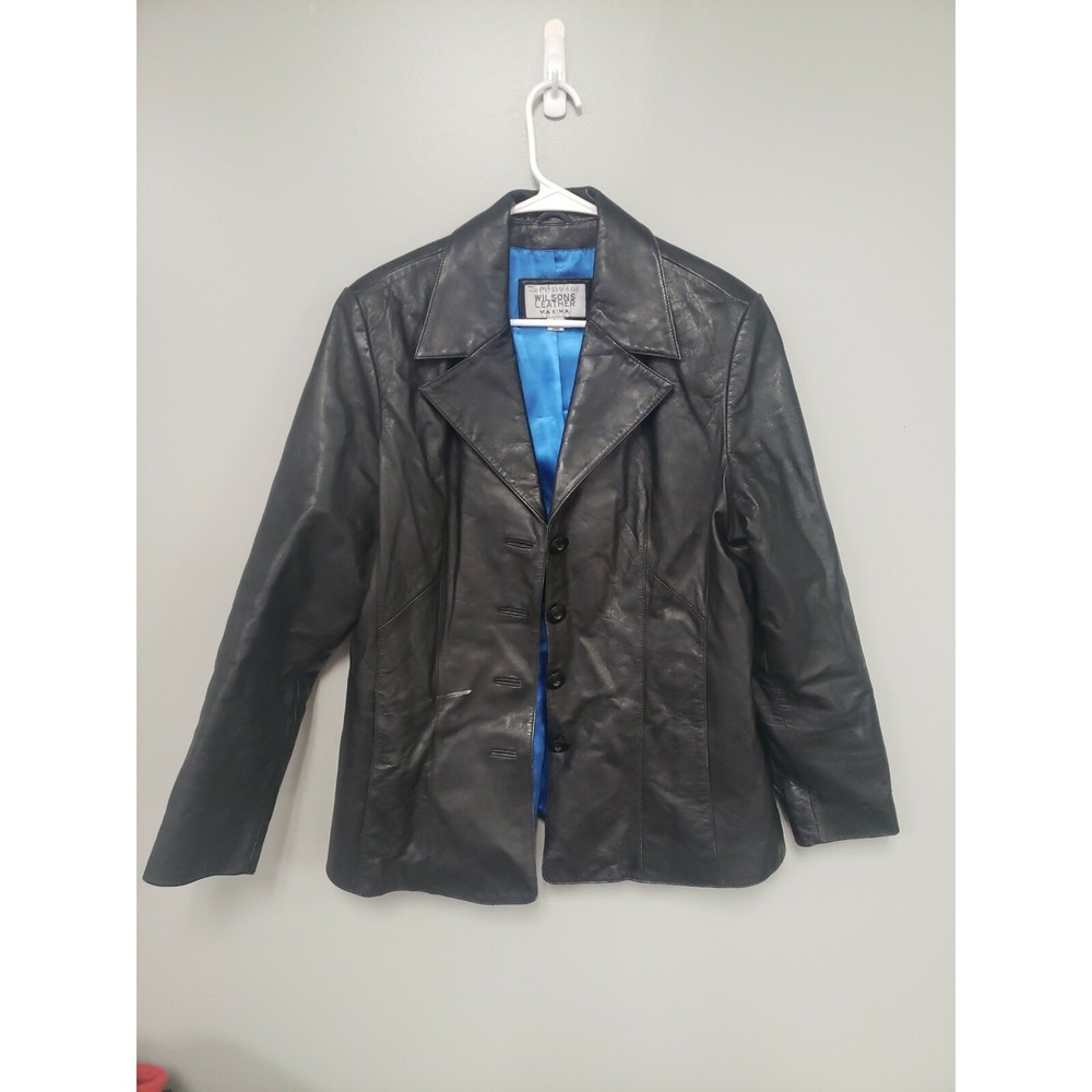 Wilson Leather ‎ Women's Black Leather Button Up Collared Jacket Size: L